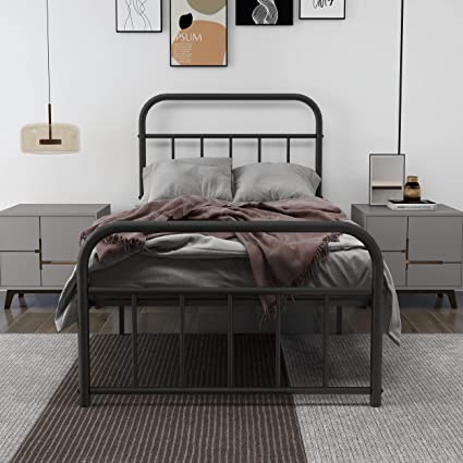 Photo 2 of  Metal Platform Twin XL Size Bed Frame with Vintage Headboard and Footboard Steel Slat Support No Box Spring Required Easy Assembly, Black
