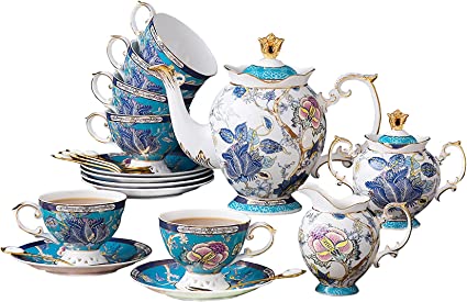 Photo 1 of ACMLIFE Bone China Coffee Tea Sets, 21-Piece Porcelain Tea Cup Set, Tea Cup and Saucer Set Service for 6 with 34 Ounces Teapot,Sugar Bowl,Creamer Pitcher and Teaspoons, Christmas Gifts for Women