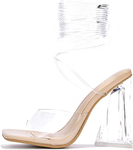 Photo 1 of Cape Robbin Swag Sexy Chunky High Heels for Women, Transparent Lace Up Square Open Toe Shoes Heels
7