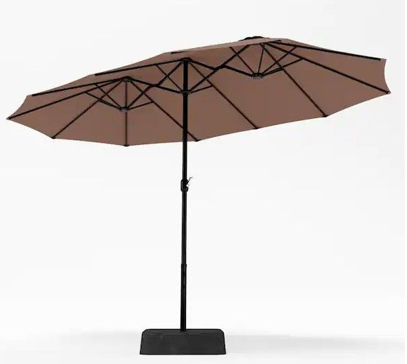Photo 1 of 15 ft. Market Patio Umbrella 2-Side in Beige With Base and Sandbags