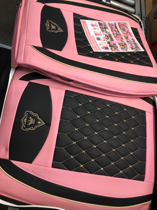 Photo 3 of Car Seat Covers Full Set, Super Luxurious Heavy Duty Waterproof Leather Automotive Vehicle Cover for Cars SUV Pick-up Truck, Universal Non-Slip Seat Pink Car Accessories (Full Set/Black Pink)