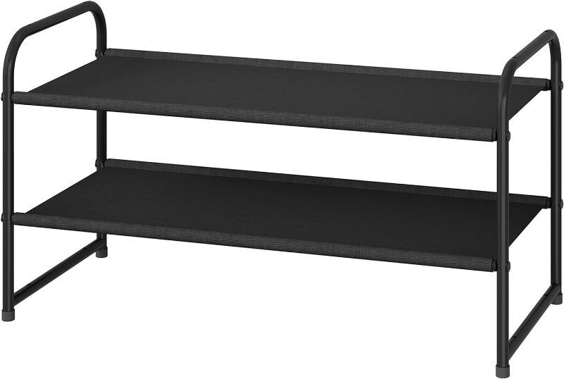 Photo 1 of 2-Tier Stackable Shoe Rack, Fabric Shoe Shelf Storage Organizer, Black
