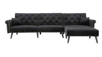 Photo 1 of (incomplete Box 2-2) Convertible Sectional Couch with Chaise Lounge for Living Room, Comfy Velvet Fabric L-Shaped Reversible Reclining Sofa with 3 Seats and Pillows, for Small Apartment and Spaces - (Black)