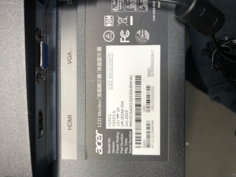Photo 1 of Acer K202Q bi 19.5-inch Professional HD+ (1600 x 900) Monitor, 75Hz Refresh Rate, VESA Mountable, VisionCare Technologies, BlueLight Filter & Flickerless Technology (HDMI Port & VGA Port),Black 19.5-inch HD+, 75Hz