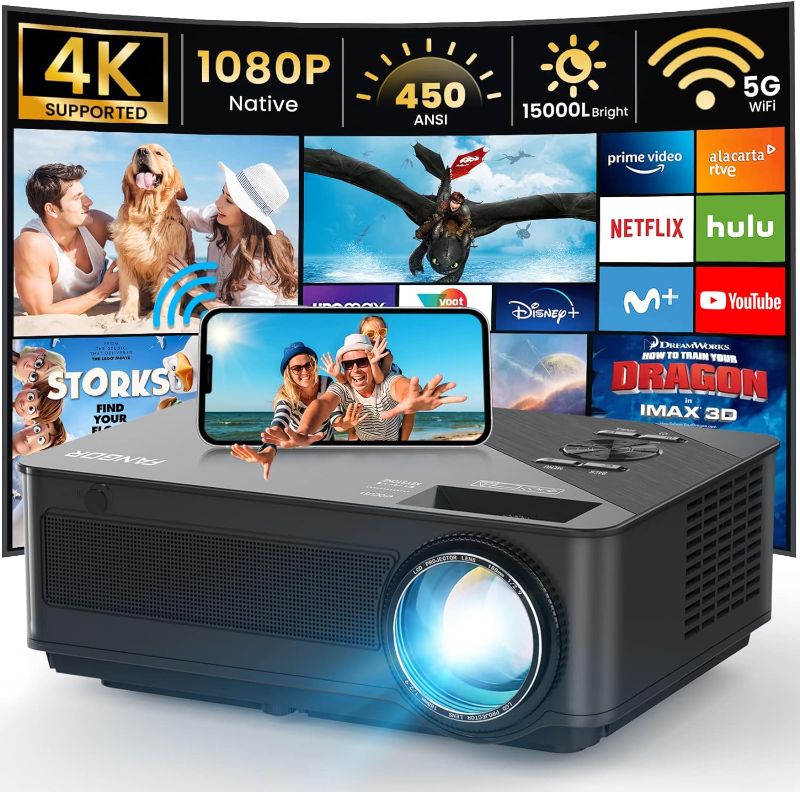 Photo 1 of FANGOR 5G WiFi Bluetooth Projector - 1080P Native 15000L HD Video Projector for Outdoor Movie Support 300" Screen, Home Theater Projector with HiFi Stereo for Smartphone, Laptop, PS4, Roku, TV Stick
