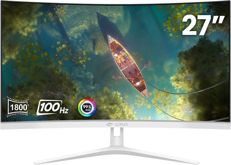 Photo 1 of CRUA 27" Curved White Monitor, Full HD(1920x1080P) VA Panel 1800R 100HZ 99% sRGB Professional Computer Monitors, 3Sides Frameless, Flicker-Less,Blue Light Filter, for Office & Gaming.(VGA, HDMI)
