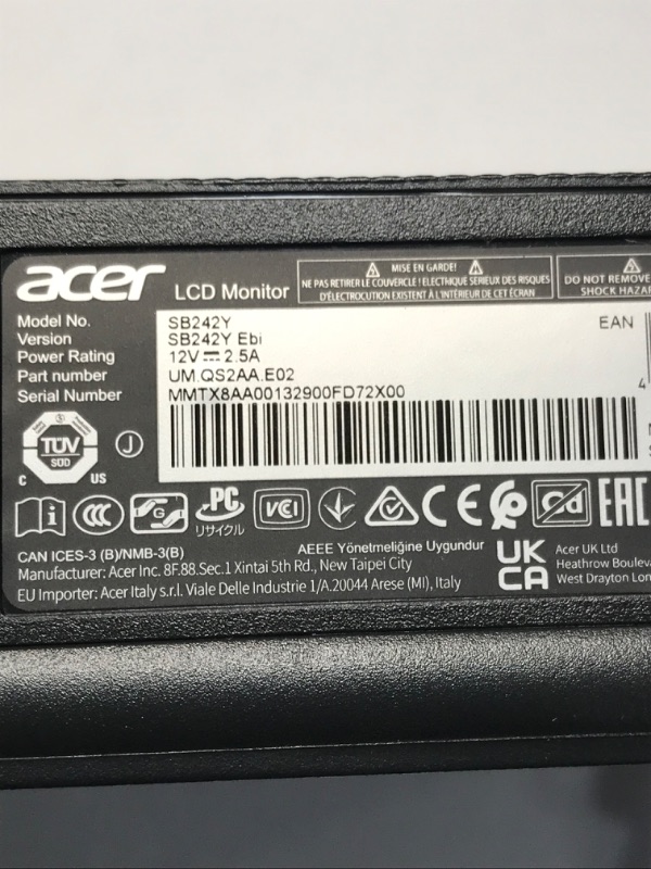 Photo 1 of Acer SB242Y EBI 23.8" Full HD (1920 x 1080) IPS Zero-Frame Gaming Office Monitor | AMD FreeSync Technology Ultra-Thin Stylish Design 100Hz 1ms (VRB) Low Blue Light Tilt HDMI & VGA Ports
