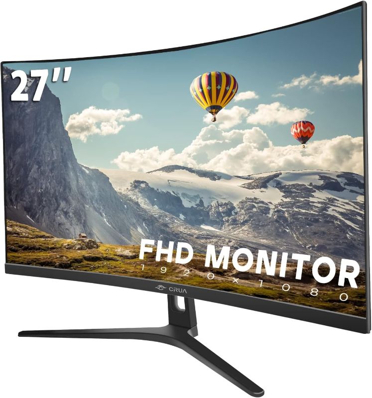 Photo 1 of CRUA 27" Curved Monitor, FHD(1920x1080P) VA Panel 1800R 100HZ 99% sRGB Professional Computer Monitor, Narrow Bezels on Three Sides, Blue Light Filter, for Office&Gaming(VGA, HDMI)-Black
