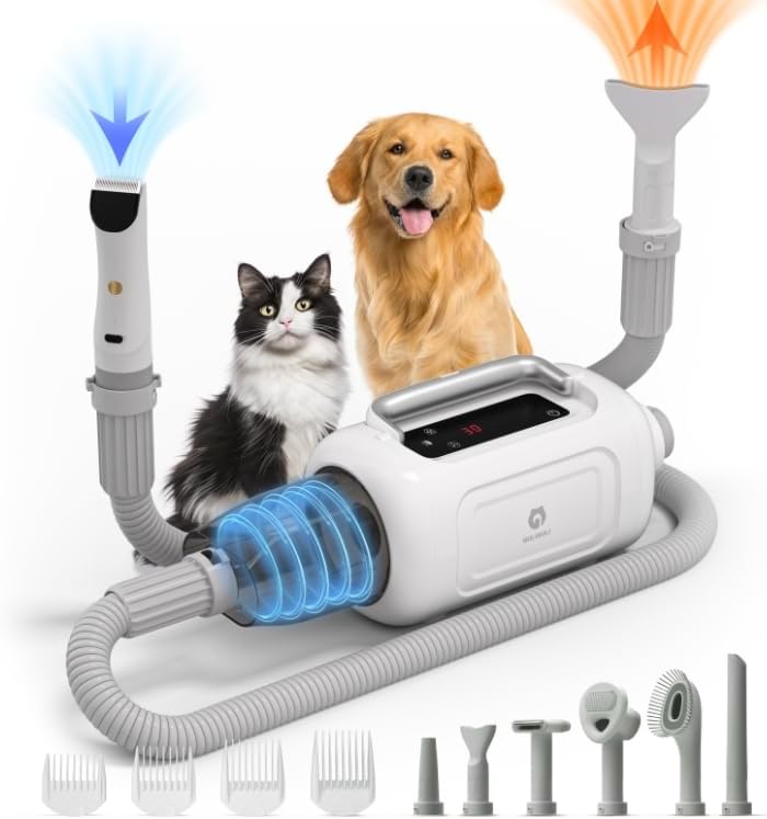 Photo 1 of GULIGULI Dog Grooming Kit, Pet Grooming Vacuum and Dog Hair Dryer with 3 Heat & 2 Speed Settings, Dog Clippers with 7 Pet Hair Removal Tools for Shedding, Low Noise, Anion, LED Screen