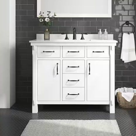 Photo 1 of 
Home Decorators Collection
Bellington 42 in. W x 22 in. D x 34 in. H Bath Vanity in White with White Engineered Stone Top
