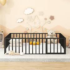 Photo 1 of **MISSING HARDWARE**
Queen Size Metal Floor Bed Frame with Fence and Door, Black