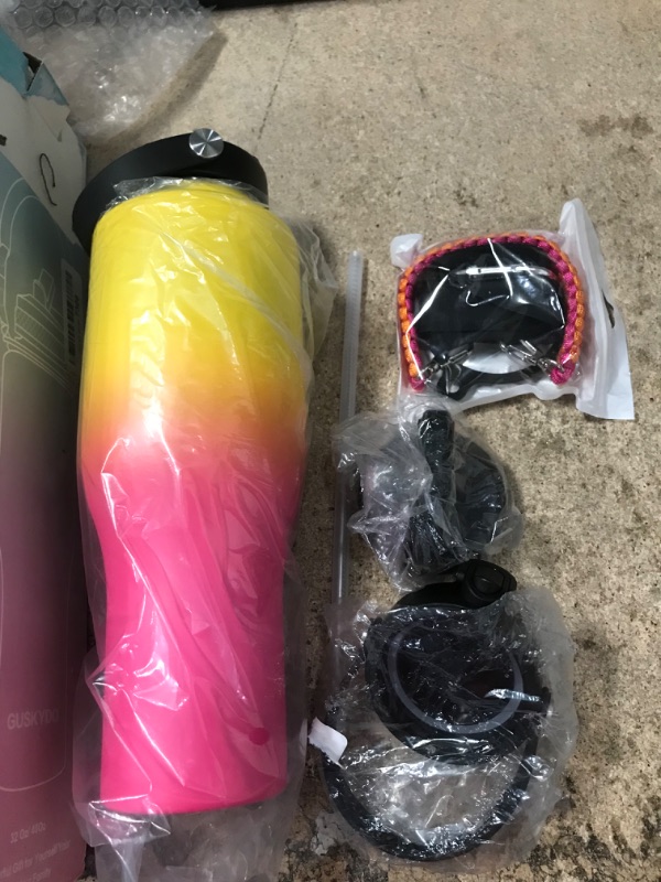 Photo 2 of 40oz Insulated Water Bottle With Paracord Handles & Strap & Straw Lid & Spout Lid,Metal Stainless Steel Water Flask Tumbler,Double Wall Travel Thermo Mug Fits in Any Car Cup Holders, Cold Hot 24hours 40 oz Yelow&Pink