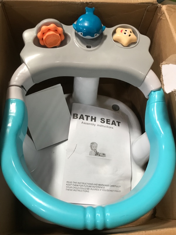 Photo 2 of Baby Bath Seat [Original] - Ergonomic Backrest – Side Opening Design – 2 Rotating Toys + 1 Pressing Toy – 4 Strong Anti-Slip Suction Cups – Ideal Gift for Baby 6-36 Months! (White)
