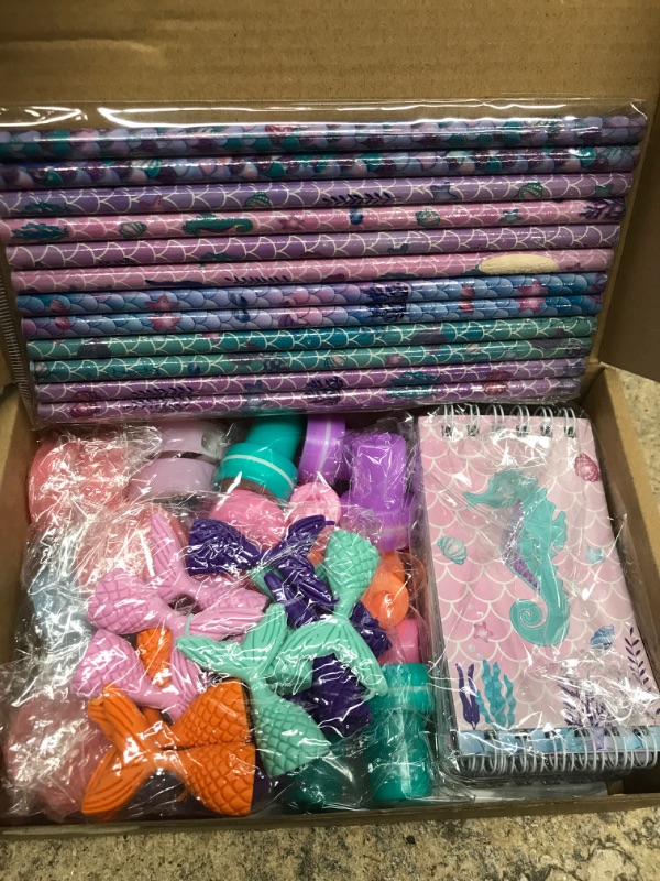 Photo 2 of 86 Pcs Mermaid Party Favors Mermaid School Stationery Set Class Reward Gift Prizes Notebooks Pencils Sharpener Erasers Stickers Sharpeners Stampers Mermaid Birthday Decoration Mermaid Party Supplies