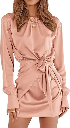 Photo 1 of PRETTYGARDEN Women's 2023 Fall Satin Dress Long Sleeve Tie Waist Elegant Cocktail Party Mini Dresses XXL