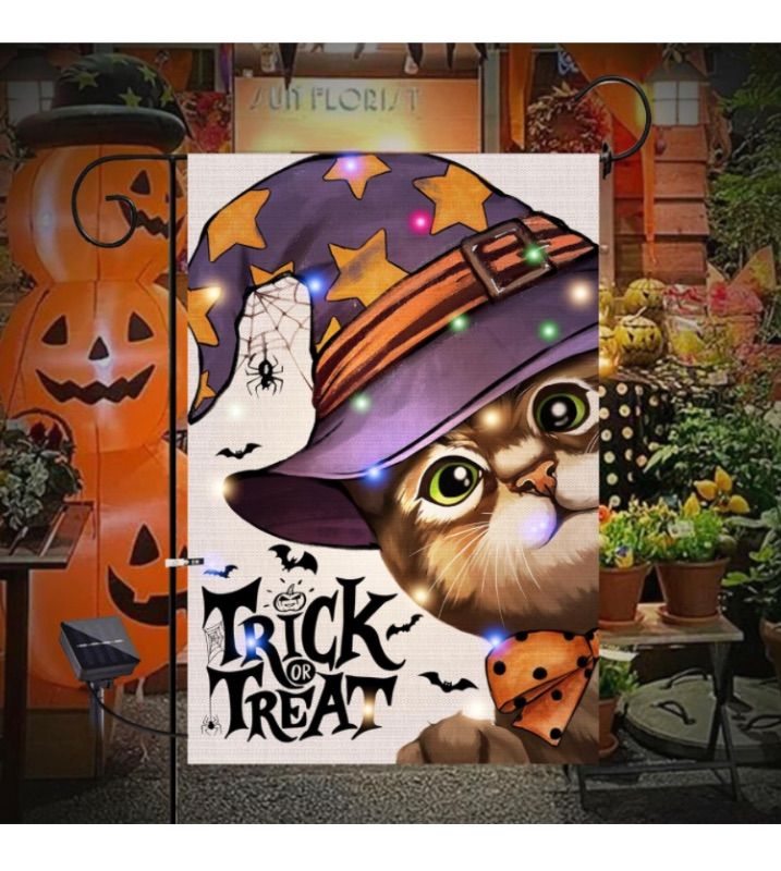 Photo 1 of 3 pack - Bonsai Tree Halloween Decorative Garden Flag Sets, Double Sided Jack O Lantern Pumpkins Yard Flags, Spooky Black Cat Ghosts Banners with a Rubber Stopper Stop and a Anti-Wind Clip,12"x18"