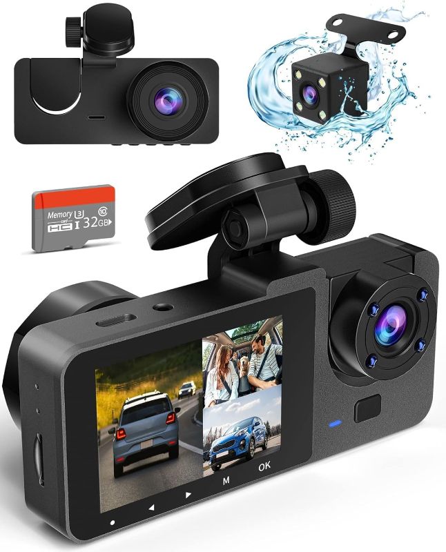 Photo 1 of 3 Channel Dash Cam Front and Rear Inside, 4K Full UHD 170 Deg Wide Angle Dashboard Camera with 32GB SD Card,Built in IR Night Vision,G-Sensor,WDR,Loop Recording