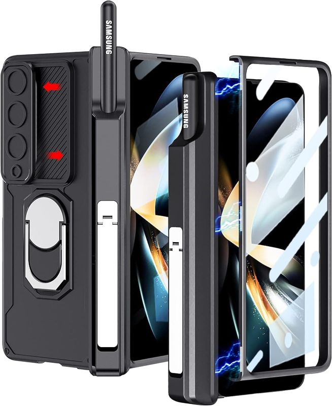 Photo 1 of PUROOM for Samsung Galaxy Z Fold 4 Case Magnetic Hinge Coverage Protective Case, S Pen Holder & Ring Kickstand, Slide Camera Cover, Front Screen Protector All-Inclusive Case (Black)