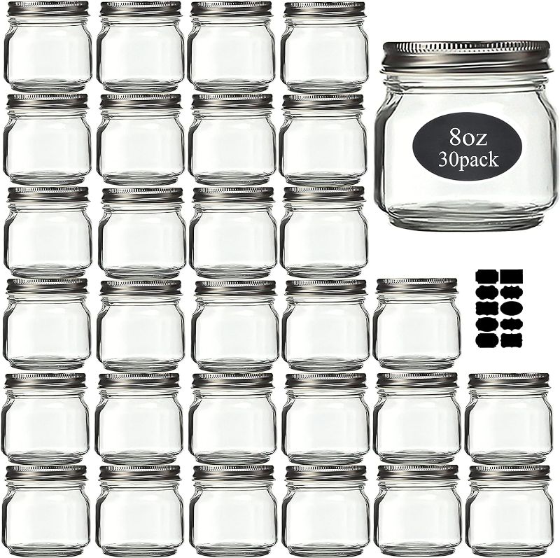 Photo 1 of **VEY SIMILAR TO STOCK PHOTO 36PACK*** Rainforce Small Glass Mason Jars 8 oz 36 Pack With Silver Lids -1/4 Quart Canning/ Storage Pickling Jars For Jelly, Jam, Honey, Pickles and Spice With Free 36 Chalkboard Labels