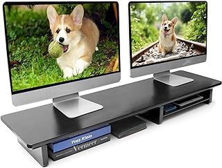 Photo 2 of Large Dual Monitor Stand Riser, Bamboo Desk Shelf for 2 Monitors, Dual Monitor Riser for Desk with Organizer Storage for Accessories, Supports for PC, Printer, Heavy TV Riser up to 130 lbs, Black
