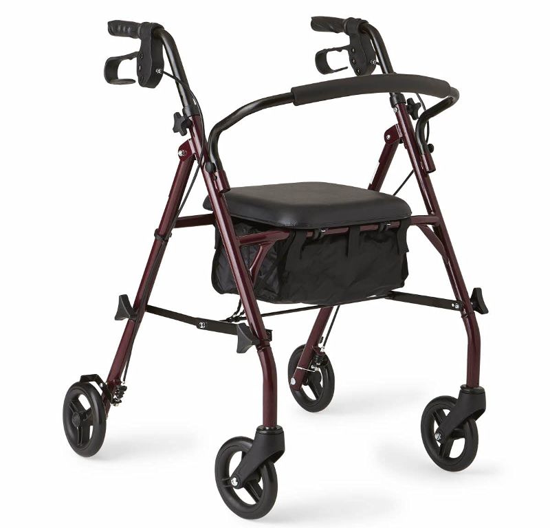 Photo 1 of ***see notes***Medline Rollator Walker with Seat, Steel Rolling Walker with 6-inch Wheels Supports up to 350 lbs, Medical Walker, Burgundy