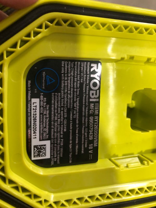 Photo 4 of ***NO BATTERY - UNABLE TO TEST***
RYOBI RY120350 ONE+ 18-Volt 320 PSI 0.8 GPM Cold Water Cordless Power Cleaner (Tool Only)