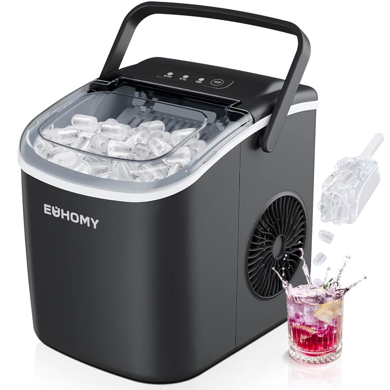 Photo 1 of EUHOMY Countertop Ice Maker Machine with Handle, 26lbs in 24Hrs, 9 Ice Cubes Ready in 6 Mins, Auto-Cleaning Portable Ice Maker with Basket and Scoop, for Home/Kitchen/Camping/RV. (Black)
