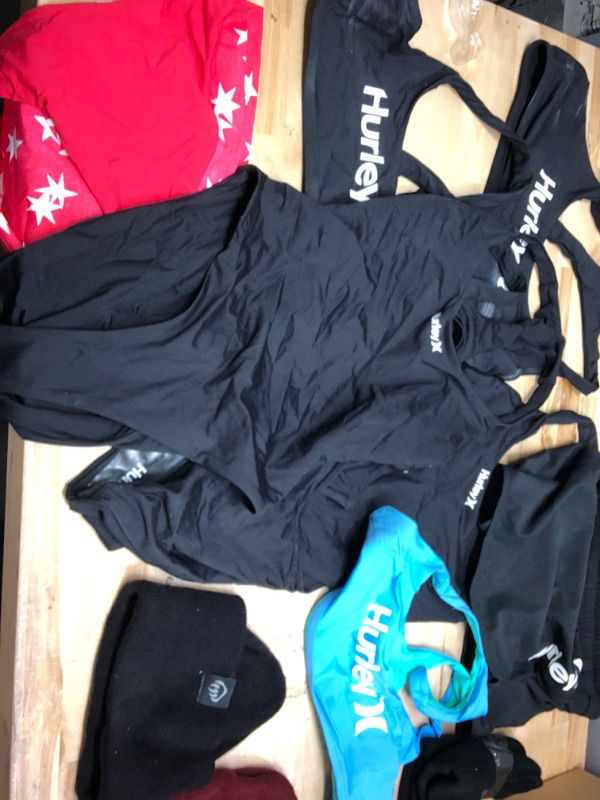 Photo 1 of MIXED BUNDLE OF HURLEY SWIMWEAR AND BEANIES  SIZES S-LARGE 10 PIECES