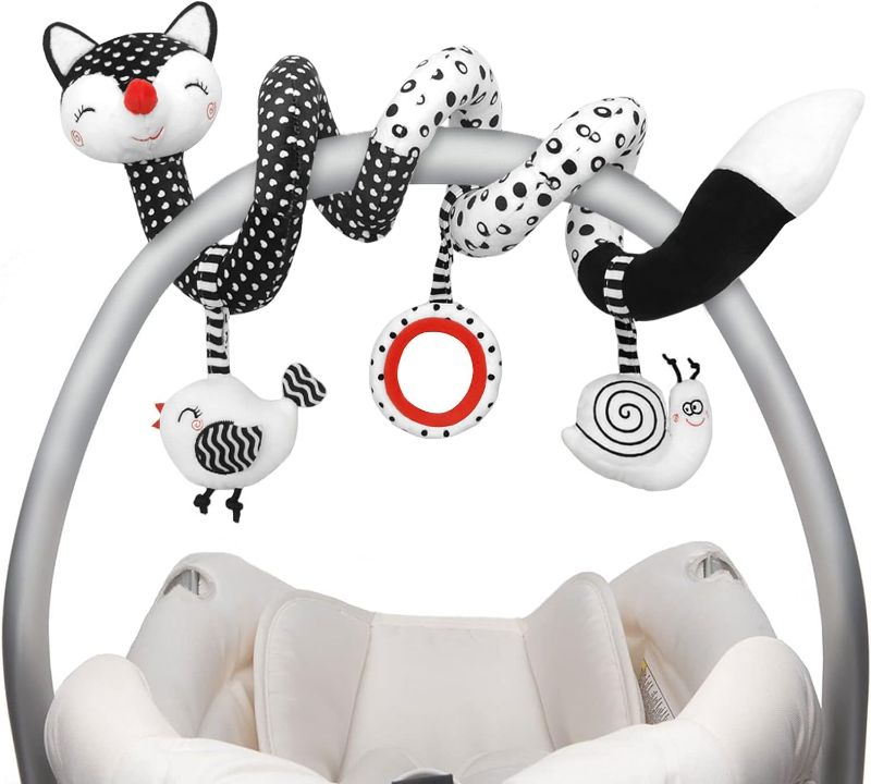 Photo 1 of  Baby Spiral Plush Toys, Black White Stroller Toy Stretch & Spiral Activity Toy Car Seat Toys, Hanging Rattle Toys for Crib Mobile, Newborn Sensory Toy Best Gift for 0 3 6 9 12 Months Baby-Fox