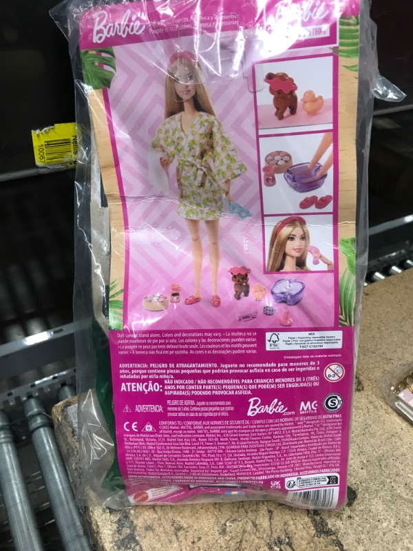 Photo 4 of Barbie Doll, Kids Toys, Blonde Doll with Pet Puppy, Sets, Spa Day, Lemon Print Bathrobe, Headband and Eye Mask, Self-Care Series