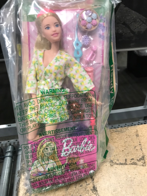 Photo 2 of Barbie Doll, Kids Toys, Blonde Doll with Pet Puppy, Sets, Spa Day, Lemon Print Bathrobe, Headband and Eye Mask, Self-Care Series