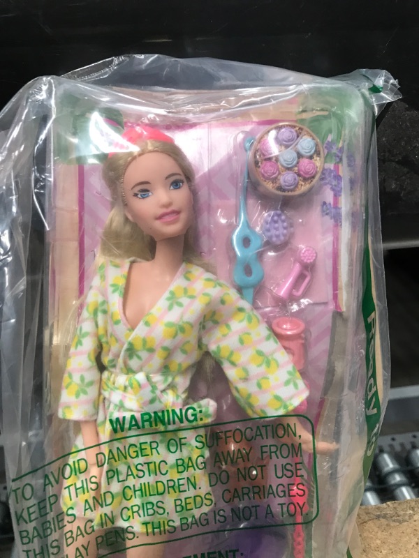 Photo 3 of Barbie Doll, Kids Toys, Blonde Doll with Pet Puppy, Sets, Spa Day, Lemon Print Bathrobe, Headband and Eye Mask, Self-Care Series