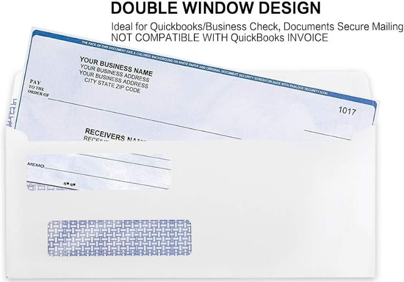 Photo 1 of #8 Double Window Security Check Envelopes, No.8 Double Window Bussiness Envelopes Designed for QuickBooks Checks - Computer Printed Checks - 3 5/8 X 8 11/16 (NOT for INVOICES) - 24 LB - 500 PACK