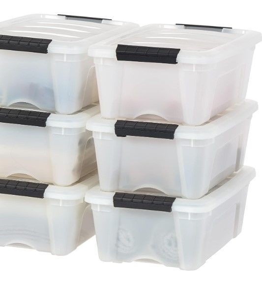 Photo 1 of ********6 BINS ONLY 5 LIDS***************
5 IRIS USA 6 Pack 12qt Plastic Storage Bin with Lid and Secure Latching Buckles, Pearl
