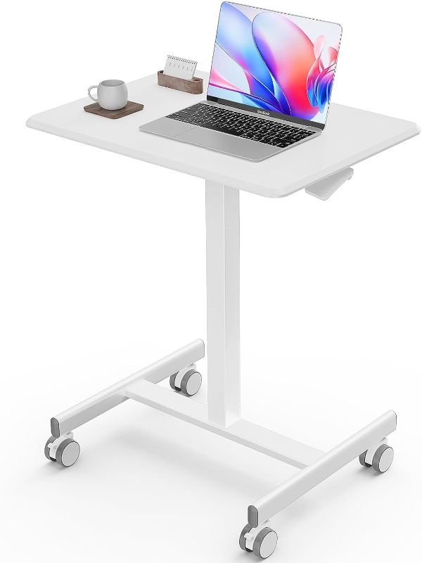 Photo 1 of  Mobile Small Stading Desk - Sit Stand Desk, Portable Rolling Laptop Desk with Lockable Wheels, Computer Workstations, Adjustable Height, White
