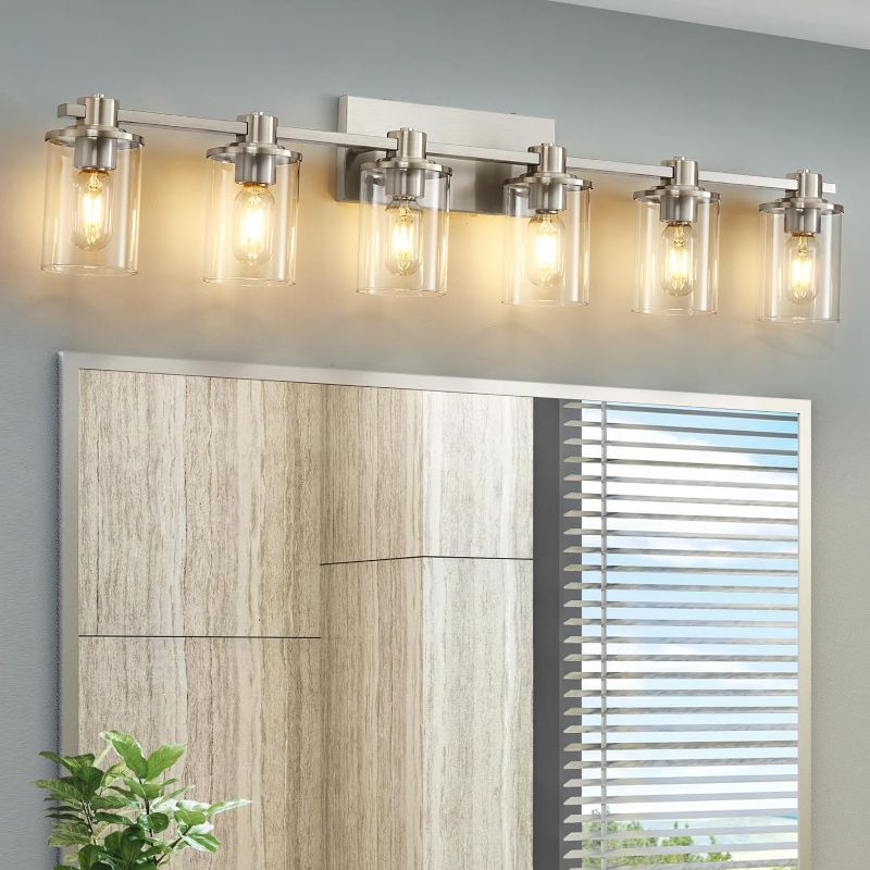 Photo 1 of XGFOURSEVEN Brushed Nickel Bathroom Vanity Light, 6-Light Bathroom Light Fixtures with Clear Glass Shade, Nickel Wall Sconce for Bathroom Lighting (Brushed Nickel, 6 Light)