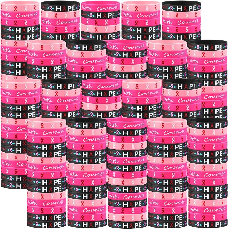 Photo 1 of 240 Pieces Breast Cancer Awareness Bracelets Silicone Pink Ribbon Wristband Breast Cancer Bracelets Hope Strength Faith Courage Inspiring Support Pink Bracelet Breast Cancer Awareness Accessories
