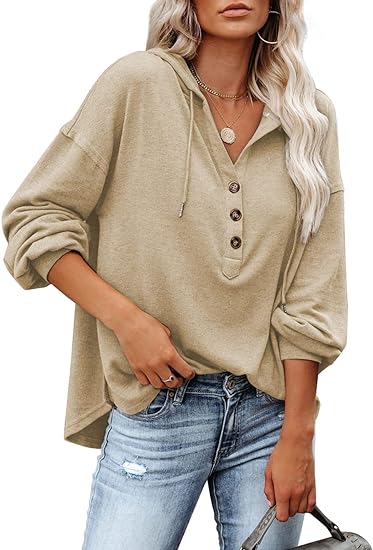 Photo 1 of Dokotoo Hoodies for Women Lantern Long Sleeve Button V Neck Casual Sweatshirt Pullover Hooded Tops small
