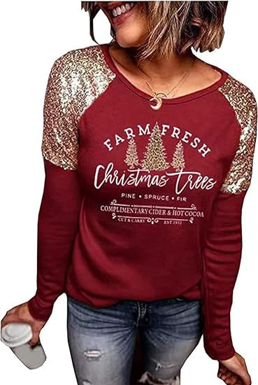 Photo 1 of FECAFO Farm Fresh Christmas Trees Sequined T-Shirt Women Merry Christmas Leopard Tree Splicing Long Sleeve Pullover Shirts small