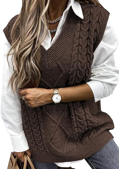 Photo 1 of Happy Sailed Womens V Neck Sweater Vest Oversized Cable Knitted Sleeveless Sweaters Tops medium