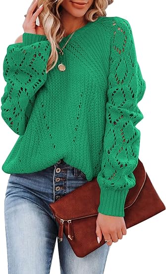 Photo 1 of SHEWIN Womens Crochet Sweaters Casual Crewneck Short Batwing Sleeve Loose Lightweight Sweater Cover Up Knit Pullover Fall Tops for Women 2023, US 4-6(S), Green