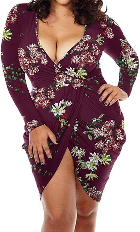 Photo 1 of POSESHE Womens Plus Size Deep V Neck Bodycon Wrap Dress with Front Slit LARGE