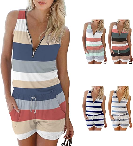 Photo 1 of Ryhoow Ierisf Women Summer Jumpsuit Casual Striped V Neck Spaghetti Sling Strap with Drawstring Belt Sleeveless Zipper Shorts small