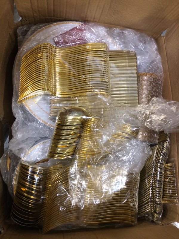 Photo 2 of 600 Piece Gold Dinnerware Set 100 Guests, Disposable Gold Rim Plates, 100 Dinner Plastic Plates, 100 Salad Gold Plates, 100 Gold Plastic Silverware, 100 Gold Plastic Cups Wedding Birthday Parties