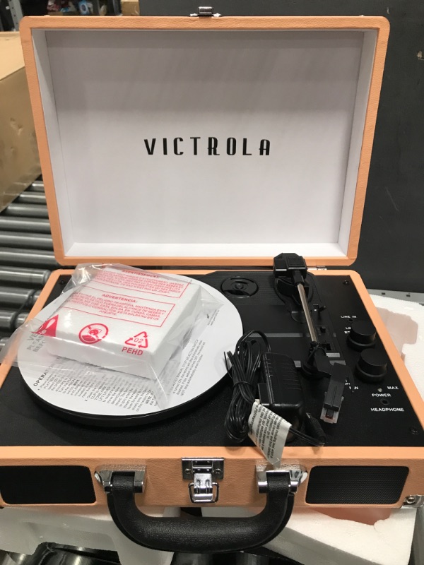 Photo 2 of Victrola Vintage 3-Speed Bluetooth Portable Suitcase Record Player with Built-in Speakers | Upgraded Turntable Audio Sound| Includes Extra Stylus | Peach Rose Gold (VSC-550BT- TPG) Peach Rose Gold Record Player