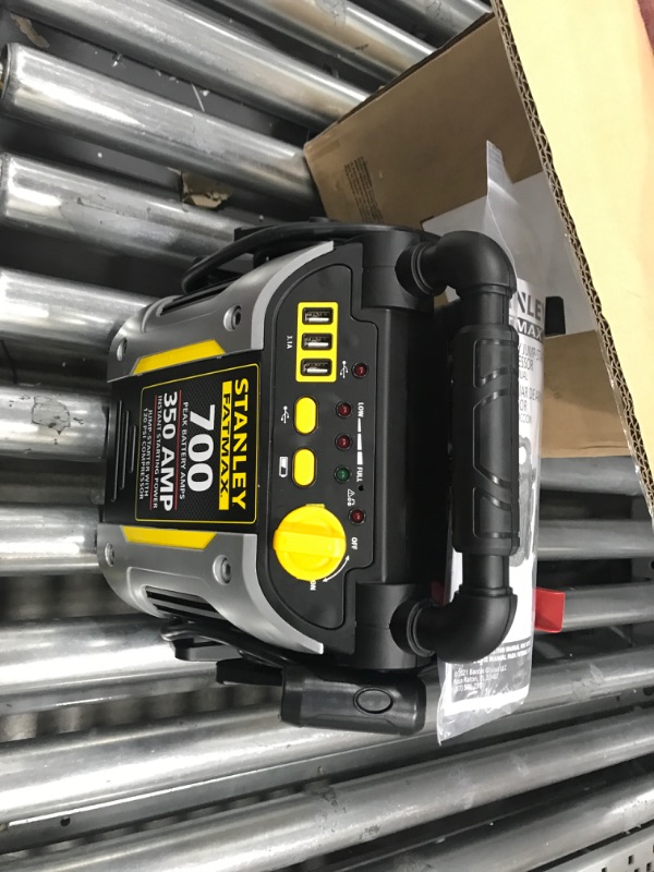 Photo 2 of STANLEY FATMAX J7CS Portable Power Station Jump Starter: 700 Peak/350 Instant Amps, 120 PSI Air Compressor, 3.1A USB Ports, Battery Clamps