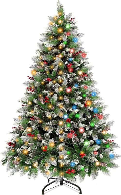 Photo 1 of [ 11 Modes & Dual Color Switch Change Lights ] 6.5 Ft Prelit Artificial Christmas Tree Snow Flocked Thick Full Pine Tree Pinecone Red Berries Hinged Christmas Decoration Indoor Outdoor Xmas Holiday
