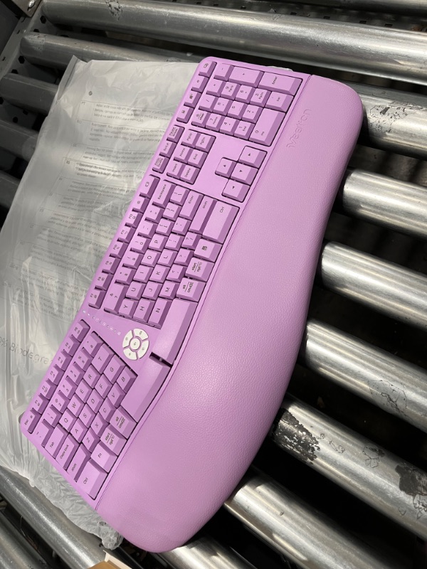 Photo 2 of MEETION Ergonomic Wireless Keyboard and Mouse, Ergo Keyboard with Vertical Mouse, Split Keyboard Cushioned Wrist Palm Rest Natural Typing Rechargeable Full Size, Windows/Mac/Computer/Laptop,Purple Large Purple