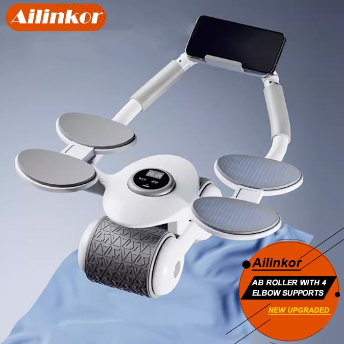 Photo 1 of Ailinkor Ab Roller Wheel, New Ab Roller Wheel Automatic Rebound with 4 Elbow Supports, Automatic Rebound Abdominal Wheel with Timer, Abdominal Exercise Roller, Plank Ab Roller Wheel for Core Trainer White