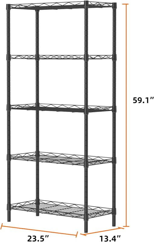 Photo 1 of SINGAYE 5 Tier Storage Rack Wire Shelving Unit Thicken Heavy Duty Storage Shelves for Pantry Closet Kitchen Laundry,200 lbs per Shelf,13.4"x 23.5"x 59.1"(DxWxH) Black
 Wire Shelving Unit Steel Large Metal Shelf Organizer Garage Storage Shelves Heavy Duty 